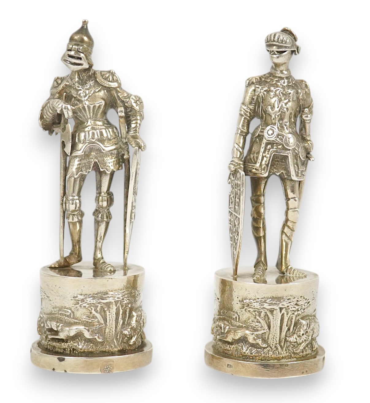 Two similar late 19th/early 20th century Hanau? silver miniature model Knights, makers mark HT